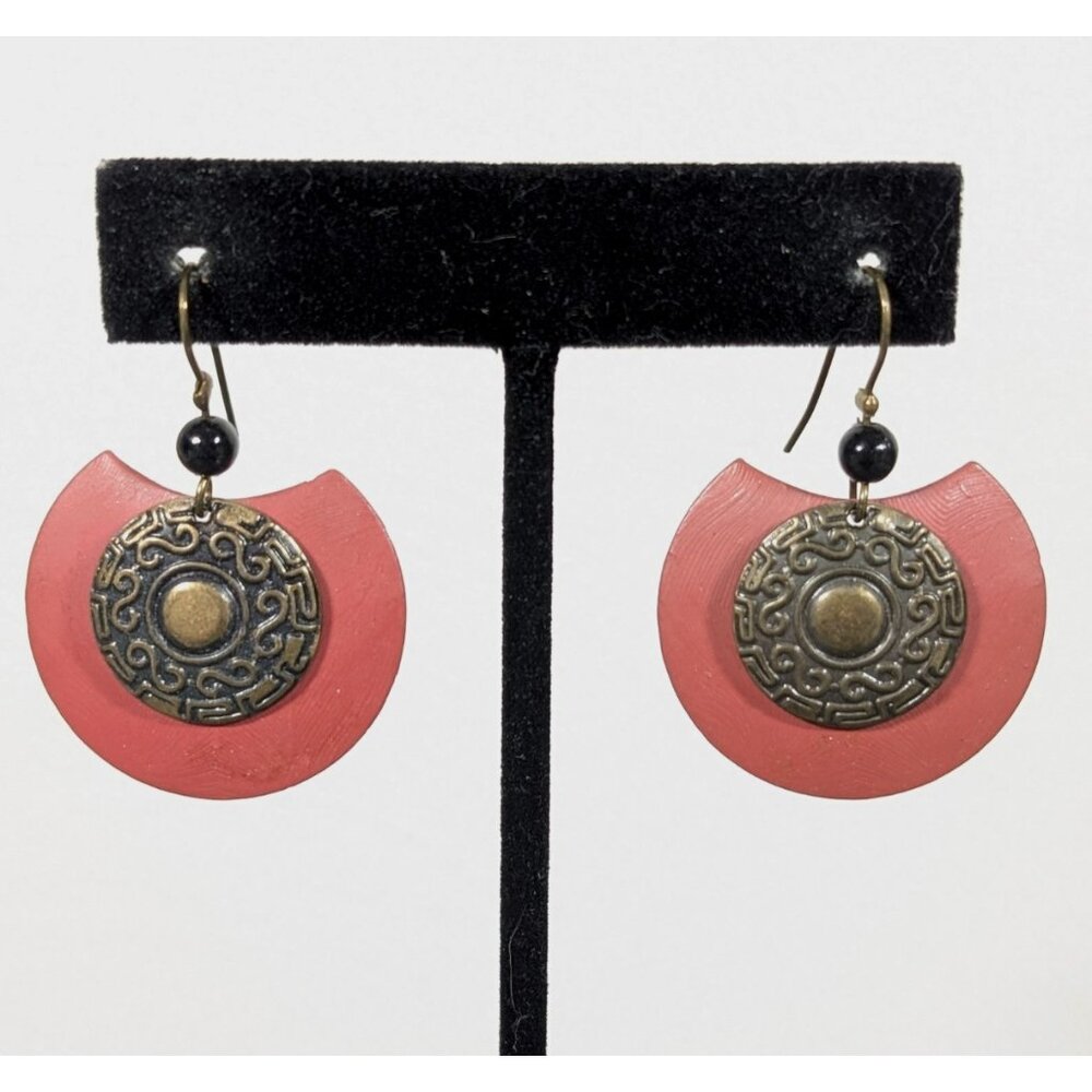 Boho‎ Tribal Dangle Earrings Red Metal with Brass Medallion Statement Drop